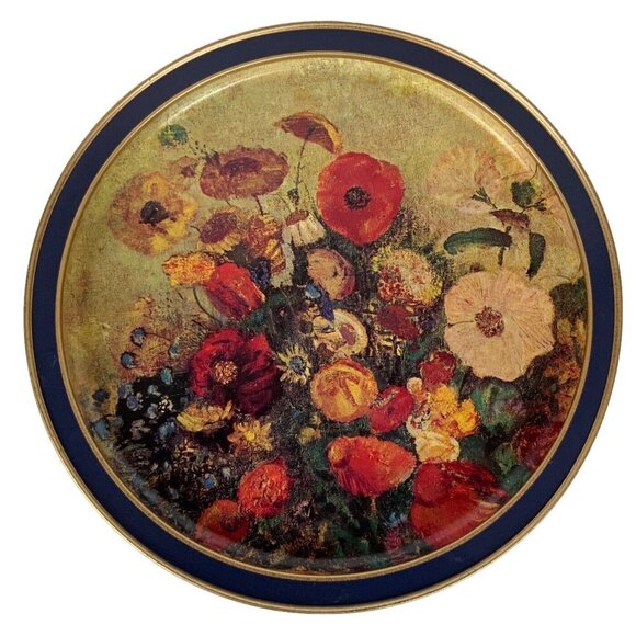 Vintage Sunshine Biscuit Tin Floral Renoir Redon Prints Large Round Blue Gold - Picture 2 of 7